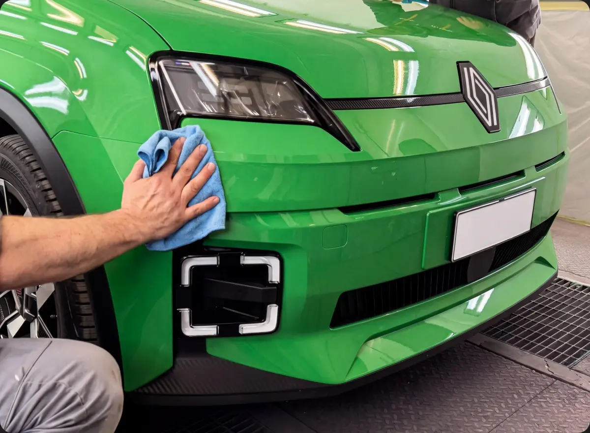 Lucidatura a mano del paraurti anteriore di un'auto verde in carrozzeria